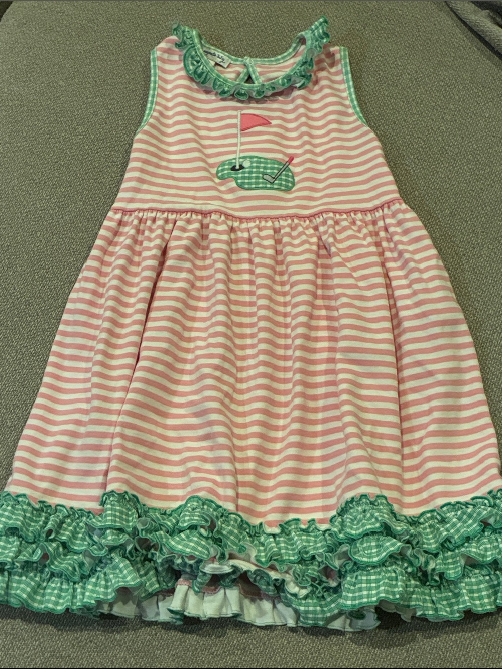 Pink Striped Ruffle-Hem Dress with Green Trim for Girls